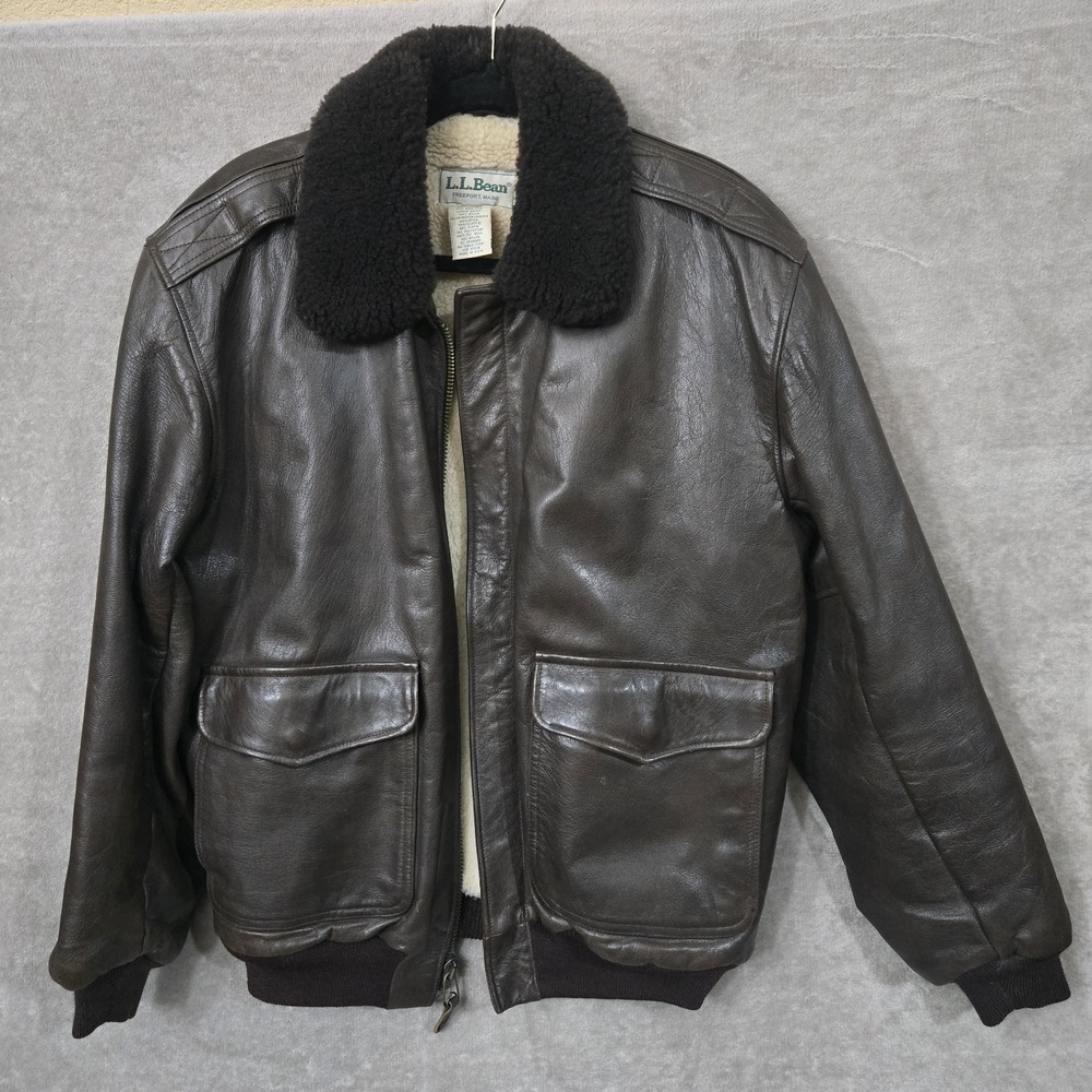 Vtg L.L. Bean Leather Flight Jacket Shearling Wool Brown Medium USA *READ BELOW*